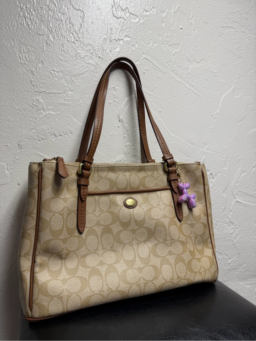 Coach Beige Signature Canvas Shoulder Bag with Brown Leather